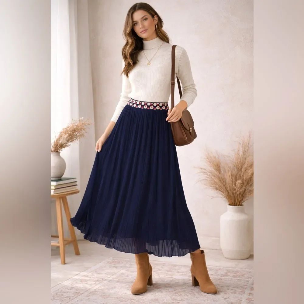 Anthropologie Dear Creatures Pleated Midi Skirt Navy Red White Pattern Waist M